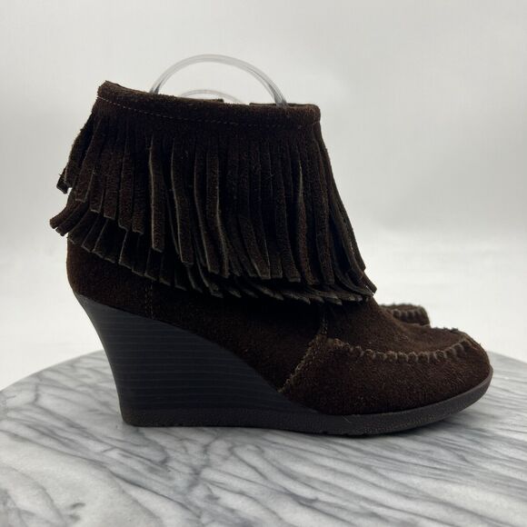 Minnetonka Fringe Wedge Booties Womens 5.5 Espresso Brown Suede Ankle Heel Boots - Picture 2 of 11